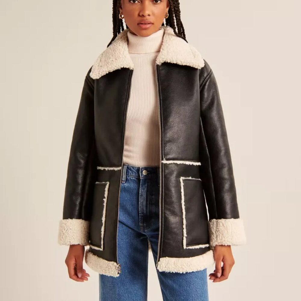 Abercrombie & Fitch Black Leather Shearling Jacket Size XS